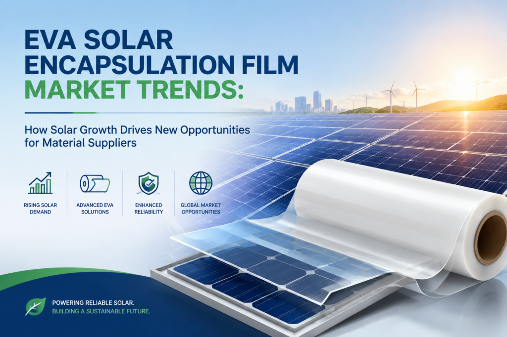 Cover image for a solar market report showing a film roll and solar panels with a city in the background.