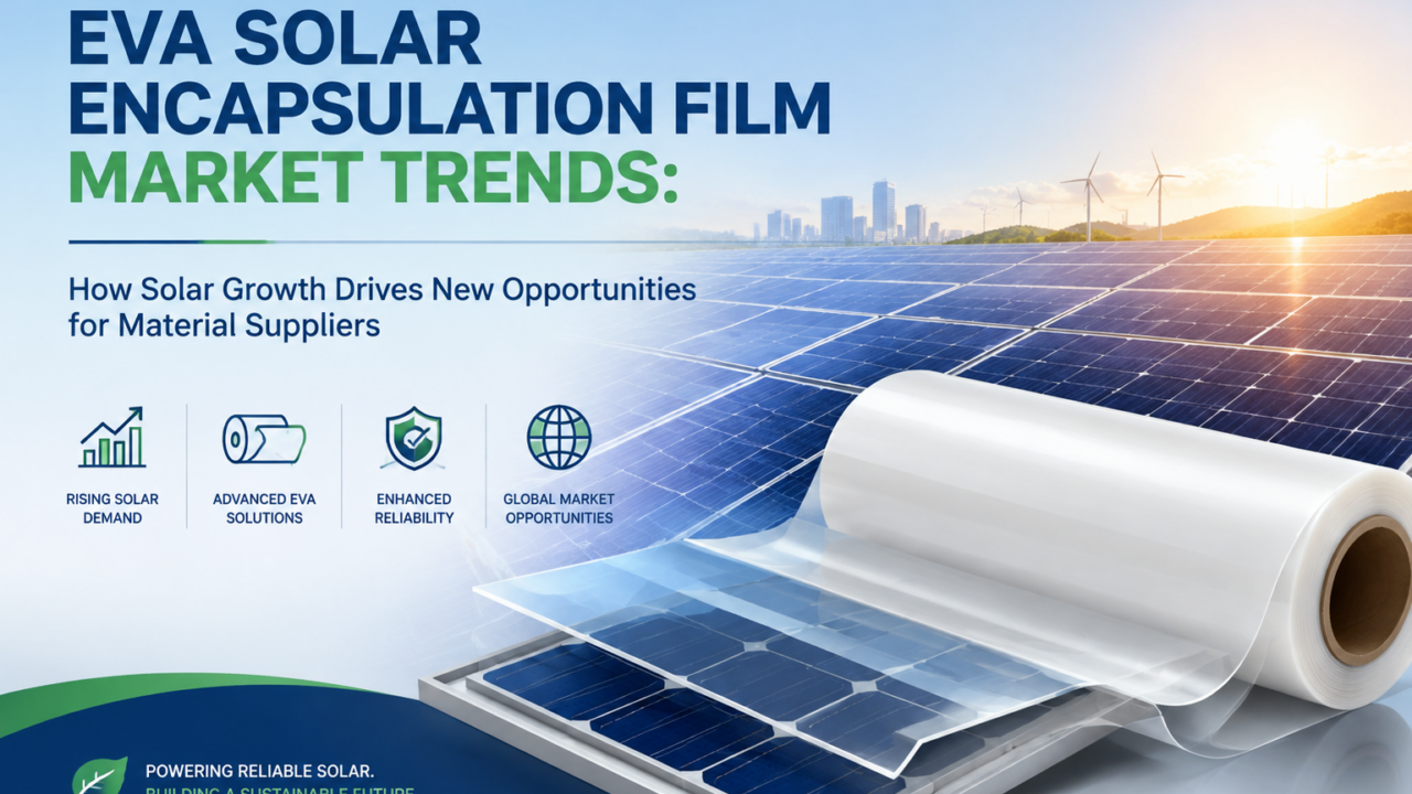 Cover image for a solar market report showing a film roll and solar panels with a city in the background.