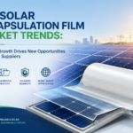 Cover image for a solar market report showing a film roll and solar panels with a city in the background.