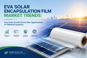Cover image for a solar market report showing a film roll and solar panels with a city in the background.
