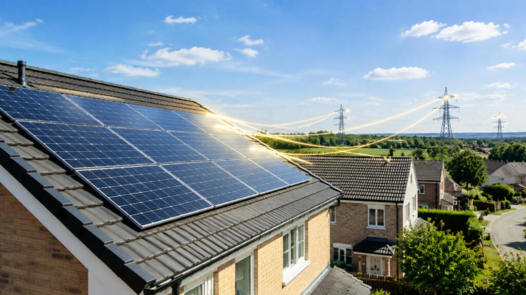 UK rooftop solar panels exporting spare electricity to the grid under Octopus Energy's export tariff